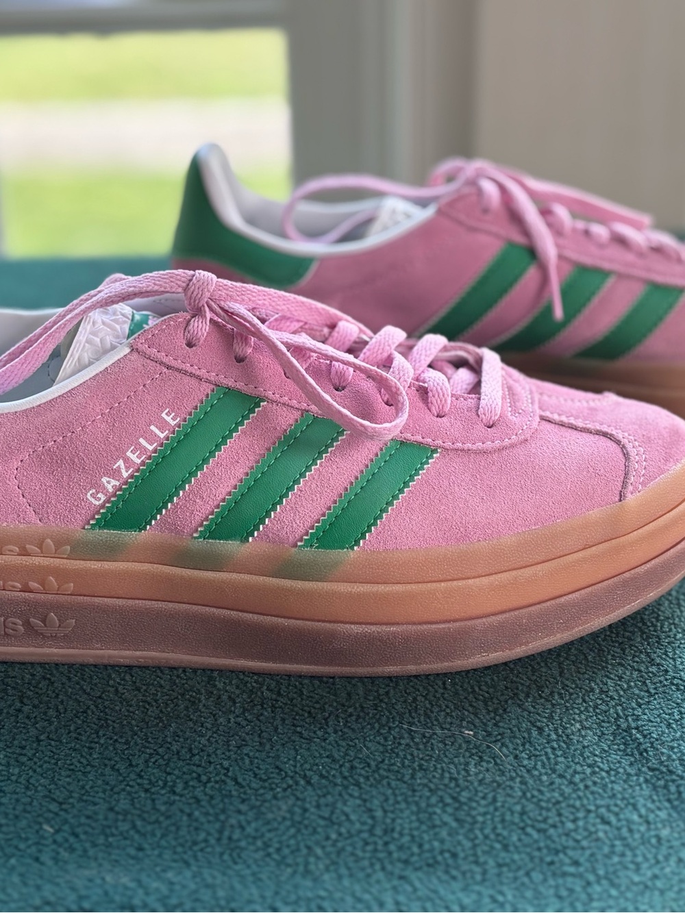 Adidas Gazelle Pink/Green Suede Platform Sneakers - Picture 4 of 7